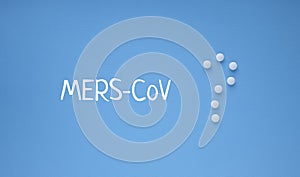 Medical banner with word `MERSâ€CoV` and white pills in the form of a question mark on a blue background with copy space for text